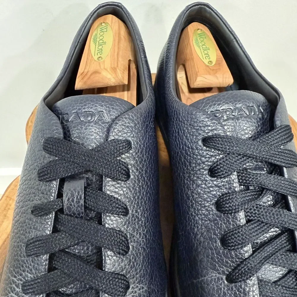 LUXURY PRADA SNEAKERS SHOES BLACK BUFFALO SKIN NAVY BLUE MEN'S 9.5 US 10.5 - Picture 4 of 14